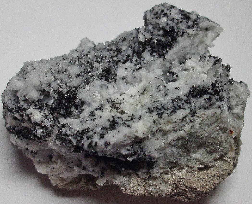 Black Magnetite, white Dolomite crystals, Christie Mine (Christi Mine; Christy Mine; Christie Asbestos; Coalinga Asbestos), Wright Mountain, New Idria District, Diablo Range, Fresno County, California, USA