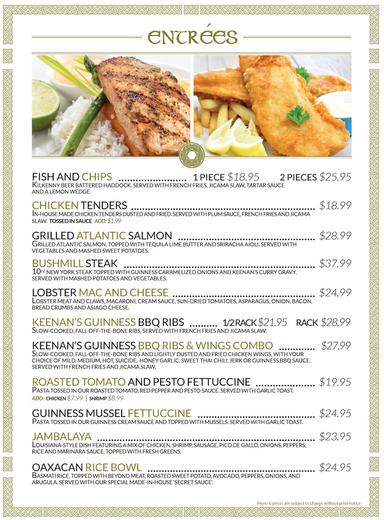 Keenan's Irish Pub Menu for Entrees