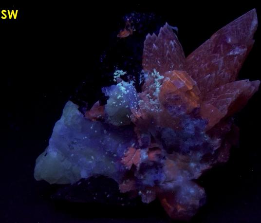 fluorescent CALCITE, FLUORITE, SPHALERITE, Cave-In-Rock (Minerva No. 1 Mine), Cave-in-Rock Sub-District, Illinois - Kentucky Fluorspar District, Hardin County, Illinois, USA
