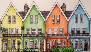 Watercolor image of colorful houses in a row