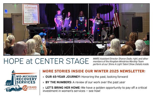 Newsletter cover with singers on stage