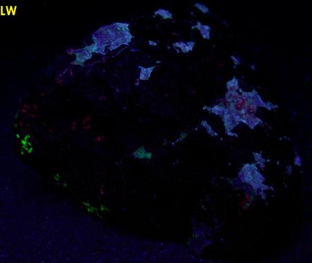 fluorescing Willemite, Hardystonite, Calcite, Clinohedrite, black Franklinite, yellow Andradite garnet,Franklin Mine, Franklin, Franklin Mining District, Sussex County, New Jersey
