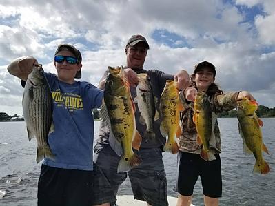 a boat full of fisherman holding striper, largemouth, and peacock bass