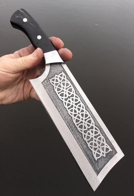 Custom AEBL stainless Celtic Cleaver with stainless bolsters, pins and Water Buffalo Horn scales by www.Bergknifemaking.com