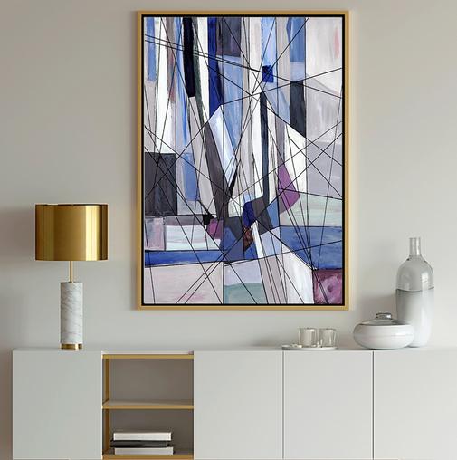 Blue Abstract Modern Art painting with geometric shapes in blue, light blue, gray, lavender and white with black lines from Dubois Art