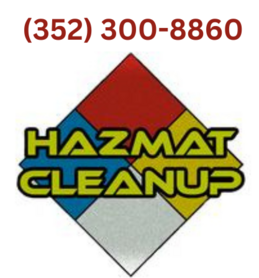 Hernando County hazmat cleaning services with our logo and phone number with technician dressed up in PPE gear.
