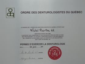 Diplome Ordre des Denturologistes du Québec Michel Puertas denturologiste Brossard-Laprairie