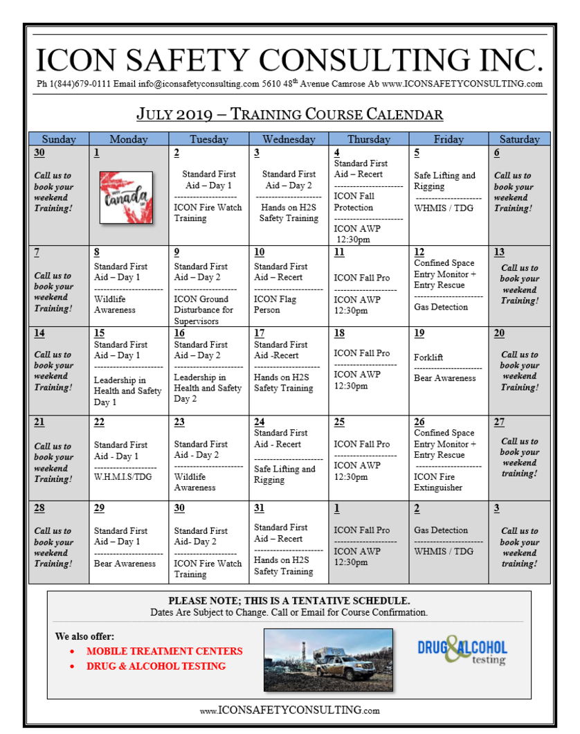 Monthly Safety Training Calendar ICON SAFETY CONSULTING INC.®