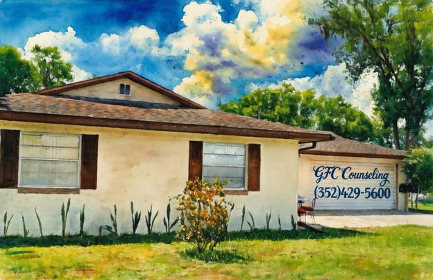 Watercolor painting of the GFC Counseling office building in Groveland, Florida. A single-story beige house with brown shutters and a shingled roof sits under a bright blue sky with dramatic, colorful clouds. The garage door on the right features elegant blue lettering that reads 'GFC Counseling' with the phone number (352) 429-5600. Lush green grass, tropical plants, and trees frame the sunny, welcoming scene.