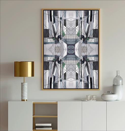 Blue Abstract Modern Art painting with geometric shapes in blue, light blue, gray, lavender and white with black lines from Dubois Art