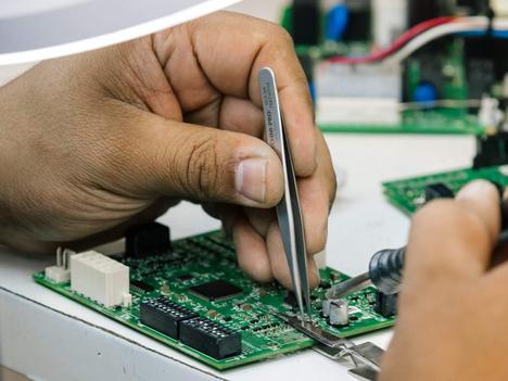 A graphic titled "ELECTRONICS SEMICONDUCTOR AND BOARDS REPAIR" showcasing services for various sectors, including Home Video and Audio, Car and Transportation, Construction, Medical, Oil and Gas Equipment, IT and Telecommunication, and Satellite & Cable systems. Highlights specific repair tasks such as solving burn board issues, soldering, power supply problems, cable installation, relay or wire repairs, assembly and installation of component parts (SMD Through Hole), internal function diagnostics, software installation, and parts replacement. Services also cover DVR, CCTV cameras, and satellite boxes.