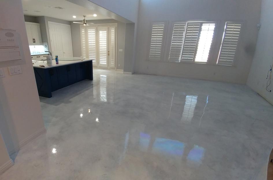 white cloudy gray stained concrete flooring