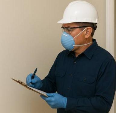 Certified lead paint inspector conducting visual assessment with safety equipment and documentation