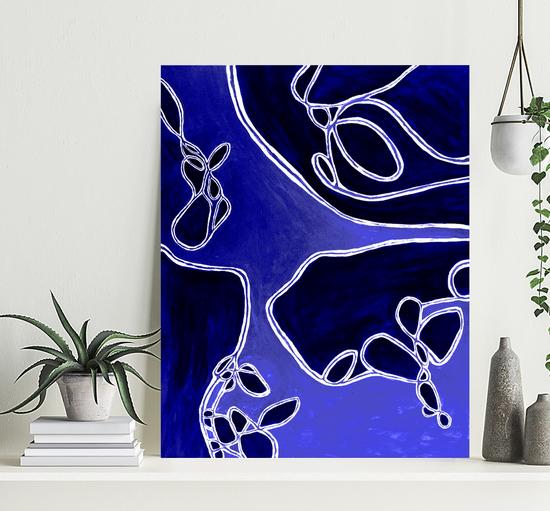 Blue abstract modern art with deep blue, light blue and white swirls