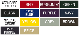 10oz VCP windscreen color chart: black, charcoal, light gray, tan, kelly green, forest green, navy, royal, maroon, purple, white, carolina blue, brown, red, orange