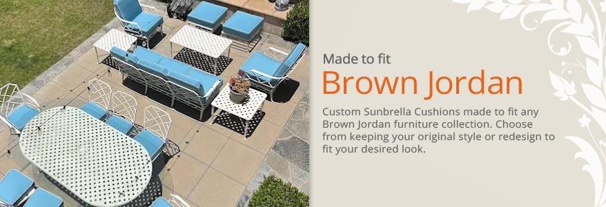 Custom Sunbrella Cushions made to fit any brown jordan collection, calcutta replacement cushions in sunbrella canvas air blue with canvas natural piping for a dining set, sofa, chairs and ottomans