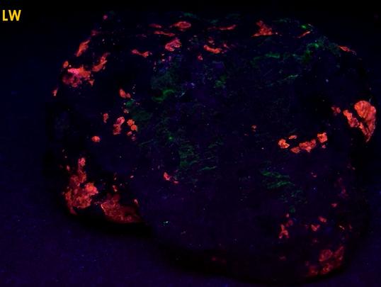 fluorescing SPHALERITE, WILLEMITE,with FRANKLINITE MAGNETITE - Sterling Mine, Sterling Hill, Ogdensburg, Franklin Mining District, Sussex County, New Jersey, USA