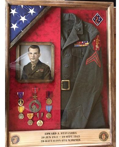Shadow box with military uniform, photo and medals and custom engraved name, unit. 