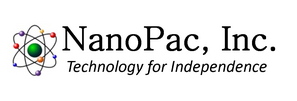 NanoPac - Technology for Independence. Logo demonstrates an atom with electrons orbiting the nucleus in elliptical shapes.