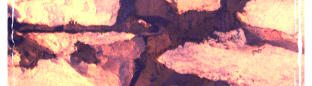 A background banner photo of a close up of a stone foundation with a lot of yellows and reddish purples in a slightly elevated color contrast and graininess, reminiscent of an old newspaper photo.