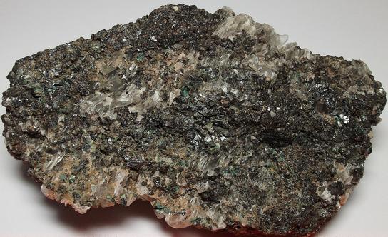 GYPSUM, MAGNETITE, fluorescent CALCITE, MALACHITE - Sterling Mine, Sterling Hill, Ogdensburg, Franklin Mining District, Sussex County, New Jersey, USA