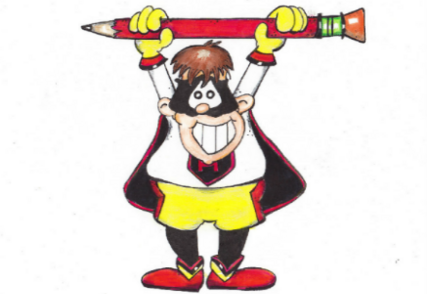 Drawn to be a Hero! A superhero holds a pencil.