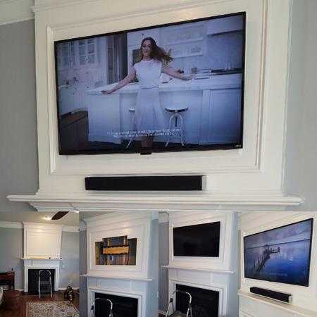 Recessed TV wall mount over fireplace, custom tv wall mount installation, Carolina Custom Mounts