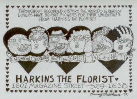 Hand-drawn cartoon of Caesar & Cleopatra, Rhett & Scarlett, and Vic & Nat'ly, the world's greatest lovers and harkins customers
