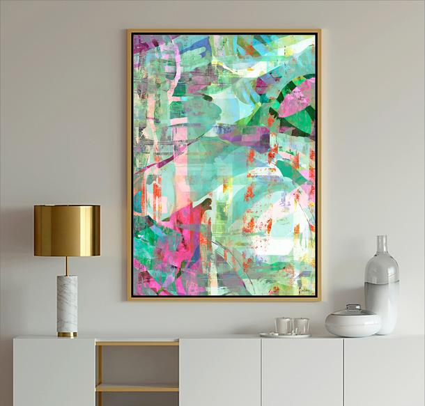 Blue Abstract Modern Art painting with geometric shapes in blue, light blue, gray, lavender and white with black lines from Dubois Art