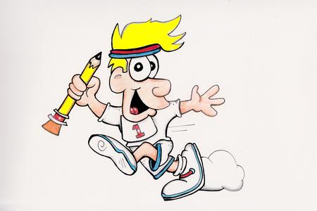 A cartoon athlete with a pencil in hand
