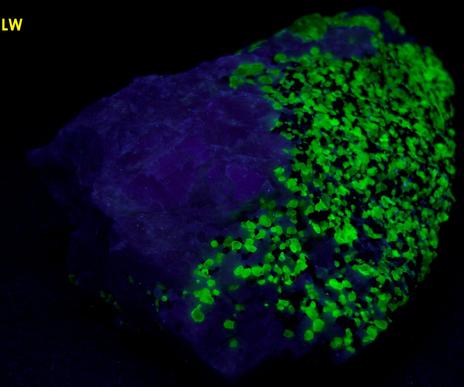 fluorescent sw lw willemite, franklinite, kutnahorite, kutnohorite, Sterling Mine, Sterling Hill, Ogdensburg, Franklin Mining District, Sussex County, New Jersey