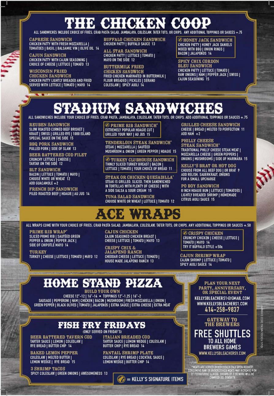 KELLY'S BLEACHERS MENU