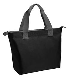 black tablecloth tote bag, 2-way zippered closure with interior pocket. 11.5" x 12.5" x 5.38"