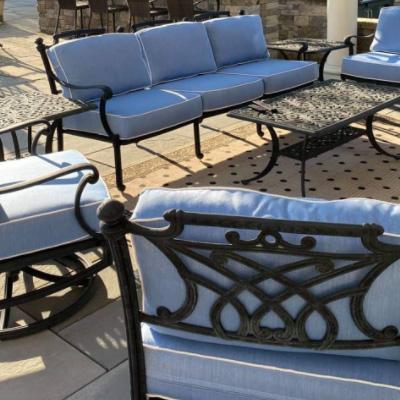 hanaint outdoor furniture with light blue sunbrella cushions