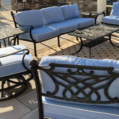hanaint outdoor furniture with light blue sunbrella cushions