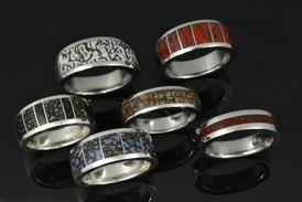 Dinosaur bone rings for men inlaid with authentic fossilized dinosaur bone by Hileman