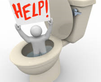 A toilet with a help sign representing our sewer backup clean up services