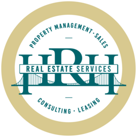 HRH Real Estate Services logo: a circular logo with the letters HRH superimposed on the golden gate bridge. The text reads "Property, Management, Sales" at the top, and "Consulting, Leasing" and "415-810-6020" at the bottom. The interior element is a white background, with a golden border on the outside.