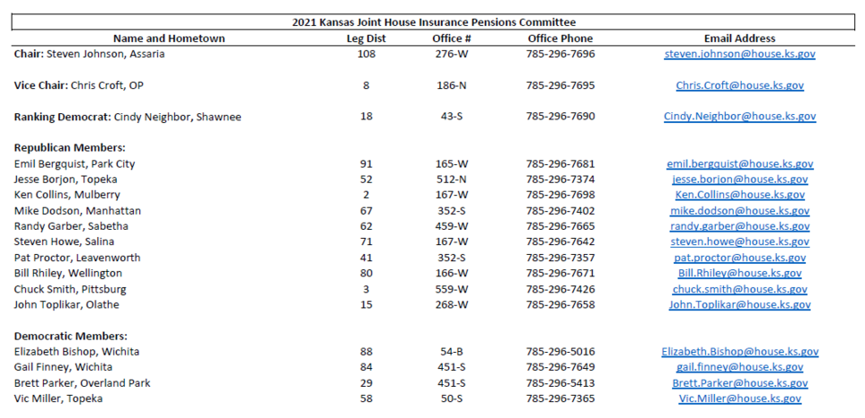 2021 Kansas Joint House Insurance Pensions Committee