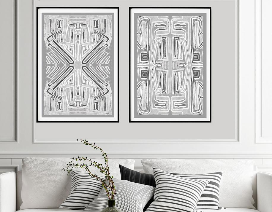 Gray and white geometric abstract art painting print