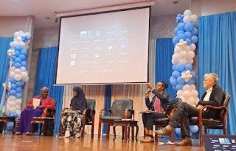 Nkatha Kobia moderates the session as Alan Channer and in-person speakers Rev. Jane Jilani and Mariam Abdirashid look on.