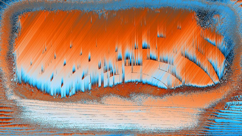 Orange Haze. Hand-painted canvas, scanned and converted to digitally enhanced still by Orfhlaith Egan. Galway & Berlin, 2024. Part of The Frame performance by HOXID at Tezos' annual conference, TezDev, in Brussels. KBR, Royal Library of Belgium, Brussels, Belgium. Live Minting!