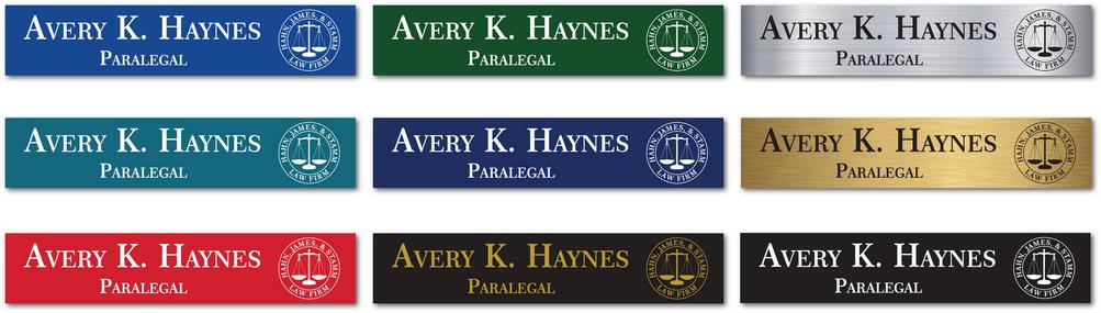 Name plates 10x2 size: Colors are Patriot Blue, Evergreen, Teal, Navy, Crimson Red, Black to Gold, Black to white, Brushed silver and Brushed Gold