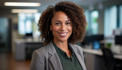 Image of a businesswoman at a corporate office