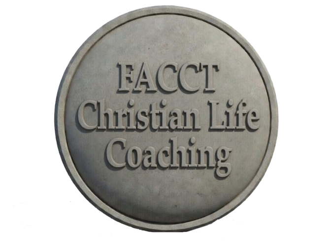 A round stone engraving that reads FACCT Christian Life Coaching.