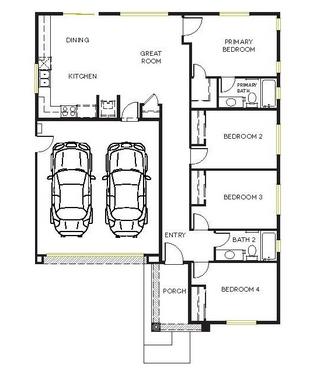 Floor Plan for BMR: Includes main rooms on one side with dining, Kitchen and Great room. Down the right side primary bedroom then primary bath, bedroom 2 and 3, 2nd bath and bedroom 4. Porch next to bedroom 4 and 2 car garage attached to main room on the left..