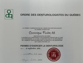 Diplome Ordre des Denturologistes du Québec Dominique Feuba denturologiste Brossard-Laprairie