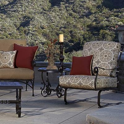 OW Lee chair and sofa with brown and beige outdoor sunbrella fabric