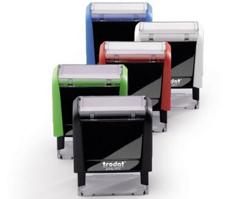 Self-inking deposit address stamps: black, blue, red, green, purple; custom logo.