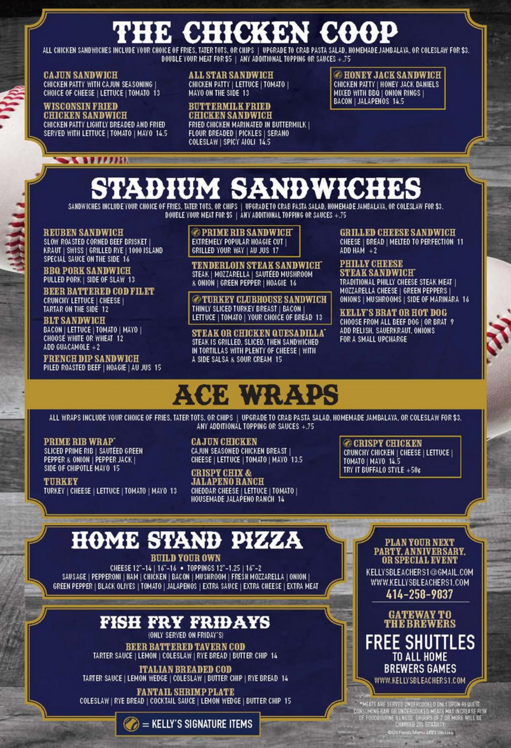KELLY'S BLEACHERS MENU